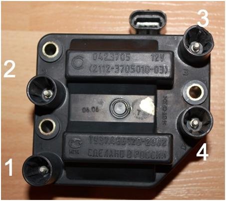 Схема подключения высоковольтных проводов ВАЗ 2114 к модулю зажигания (до 2004 г.в)